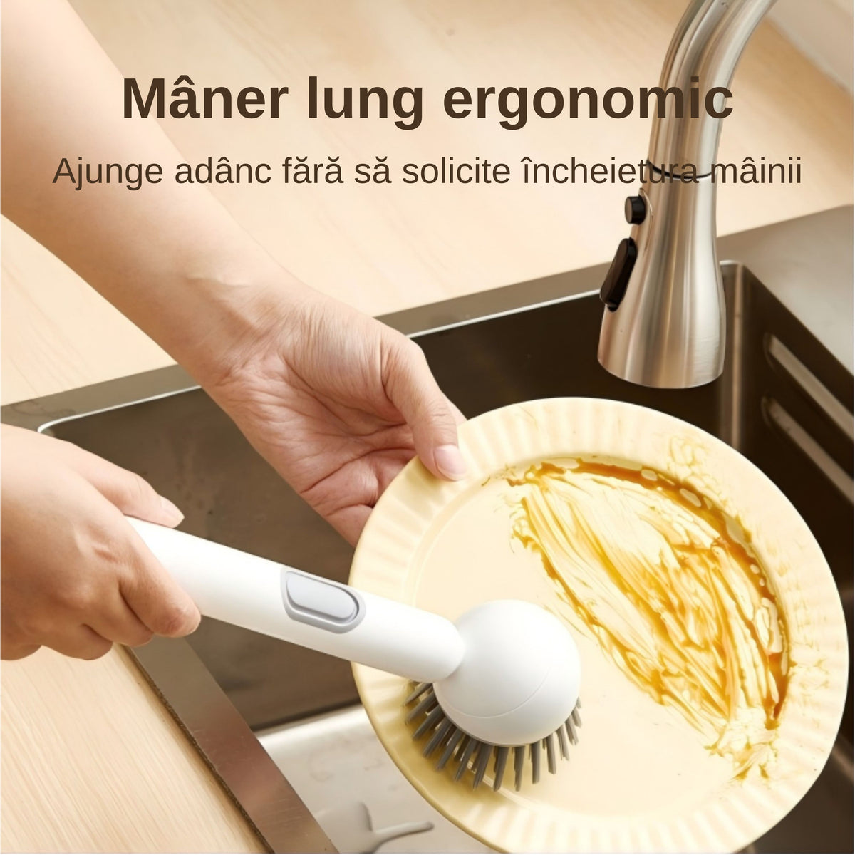 🍳REDUCERE 50%! 🧽Perie Smart Clean – Zero Contact cu Detergentul, Mâini Îngrijite - Mâner lung, curățare fără efort 💦